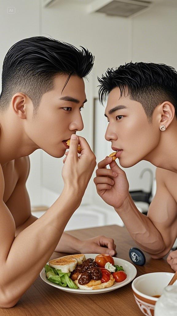 美女与肌肉男，美食的诱惑